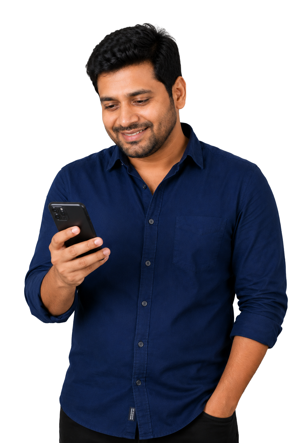 Small business owner, relieved, checking his phone